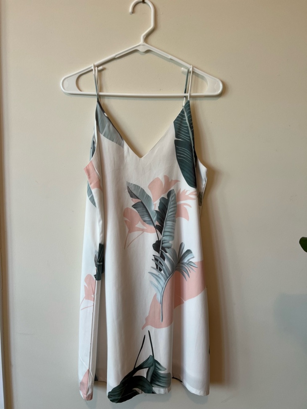 White Floral Slip Dress with Green and Blush Leaves